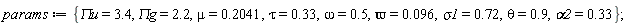 params := {`&Pi;g` = 2.2, `&Pi;u` = 3.4, `&varpi;` = 0.96e-1, alpha2 = .33, mu = .2041, omega = .5, sigma1 = .72, tau = .33, theta = .9};
