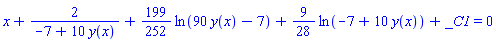 x+2/(-7+10*y(x))+(199/252)*ln(90*y(x)-7)+(9/28)*ln(-7+10*y(x))+_C1 = 0