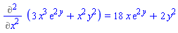 Diff(3*x^3*exp(2*y)+x^2*y^2, x, x) = 18*x*exp(2*y)+2*y^2