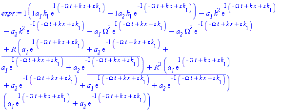 I*(I*a__1*k[1]*exp(I*(-Omega*t+k*x+z*k[1]))-I*a__2*k[1]*exp(-I*(-Omega*t+k*x+z*k[1])))-a__1*k^2*exp(I*(-Omega*t+k*x+z*k[1]))-a__2*k^2*exp(-I*(-Omega*t+k*x+z*k[1]))-a__1*Omega^2*exp(I*(-Omega*t+k*x+z*k[1]))-a__2*Omega^2*exp(-I*(-Omega*t+k*x+z*k[1]))+R*(a__1*exp(I*(-Omega*t+k*x+z*k[1]))+a__2*exp(-I*(-Omega*t+k*x+z*k[1]))+conjugate(a__1*exp(I*(-Omega*t+k*x+z*k[1]))+a__2*exp(-I*(-Omega*t+k*x+z*k[1]))))+R^2*(a__1*exp(I*(-Omega*t+k*x+z*k[1]))+a__2*exp(-I*(-Omega*t+k*x+z*k[1]))+conjugate(a__1*exp(I*(-Omega*t+k*x+z*k[1]))+a__2*exp(-I*(-Omega*t+k*x+z*k[1]))))*(a__1*exp(I*(-Omega*t+k*x+z*k[1]))+a__2*exp(-I*(-Omega*t+k*x+z*k[1])))