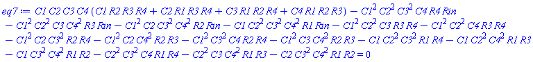 C1*C2*C3*C4*(C1*R2*R3*R4+C2*R1*R3*R4+C3*R1*R2*R4+C4*R1*R2*R3)-C1^2*C2^2*C3^2*C4*R4*Rin-C1^2*C2^2*C3*C4^2*R3*Rin-C1^2*C2*C3^2*C4^2*R2*Rin-C1*C2^2*C3^2*C4^2*R1*Rin-C1^2*C2^2*C3*R3*R4-C1^2*C2^2*C4*R3*R4-C1^2*C2*C3^2*R2*R4-C1^2*C2*C4^2*R2*R3-C1^2*C3^2*C4*R2*R4-C1^2*C3*C4^2*R2*R3-C1*C2^2*C3^2*R1*R4-C1*C2^2*C4^2*R1*R3-C1*C3^2*C4^2*R1*R2-C2^2*C3^2*C4*R1*R4-C2^2*C3*C4^2*R1*R3-C2*C3^2*C4^2*R1*R2 = 0