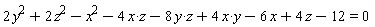 -x^2+4*x*y-4*x*z+2*y^2-8*y*z+2*z^2-6*x+4*z-12 = 0