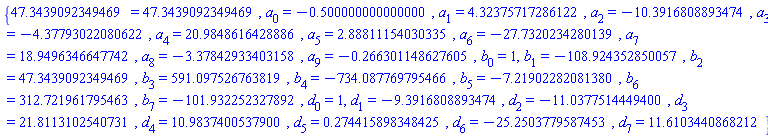 {47.3439092349469 = 47.3439092349469, a[0] = -.500000000000000, a[1] = 4.32375717286122, a[2] = -10.3916808893474, a[3] = -4.37793022080622, a[4] = 20.9848616428886, a[5] = 2.88811154030335, a[6] = -27.7320234280139, a[7] = 18.9496346647742, a[8] = -3.37842933403158, a[9] = -.266301148627605, b[0] = 1, b[1] = -108.924352850057, b[2] = 47.3439092349469, b[3] = 591.097526763819, b[4] = -734.087769795466, b[5] = -7.21902282081380, b[6] = 312.721961795463, b[7] = -101.932252327892, d[0] = 1, d[1] = -9.3916808893474, d[2] = -11.0377514449400, d[3] = 21.8113102540731, d[4] = 10.9837400537900, d[5] = .274415898348425, d[6] = -25.2503779587453, d[7] = 11.6103440868212}
