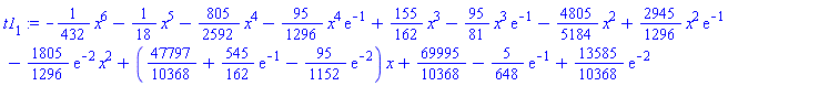 -(1/432)*x^6-(1/18)*x^5-(805/2592)*x^4-(95/1296)*x^4*exp(-1)+(155/162)*x^3-(95/81)*x^3*exp(-1)-(4805/5184)*x^2+(2945/1296)*x^2*exp(-1)-(1805/1296)*exp(-2)*x^2+(47797/10368+(545/162)*exp(-1)-(95/1152)*exp(-2))*x+69995/10368-(5/648)*exp(-1)+(13585/10368)*exp(-2)