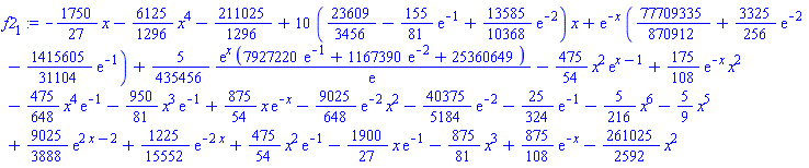 -(1750/27)*x-(6125/1296)*x^4-211025/1296+10*(23609/3456-(155/81)*exp(-1)+(13585/10368)*exp(-2))*x+exp(-x)*(77709335/870912+(3325/256)*exp(-2)-(1415605/31104)*exp(-1))+(5/435456)*exp(x)*(7927220*exp(-1)+1167390*exp(-2)+25360649)/exp(1)-(475/54)*x^2*exp(x-1)+(175/108)*exp(-x)*x^2-(475/648)*x^4*exp(-1)-(950/81)*x^3*exp(-1)+(875/54)*x*exp(-x)-(9025/648)*exp(-2)*x^2-(40375/5184)*exp(-2)-(25/324)*exp(-1)-(5/216)*x^6-(5/9)*x^5+(9025/3888)*exp(2*x-2)+(1225/15552)*exp(-2*x)+(475/54)*x^2*exp(-1)-(1900/27)*x*exp(-1)-(875/81)*x^3+(875/108)*exp(-x)-(261025/2592)*x^2