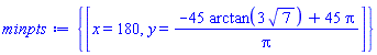 {[x = 180, y = (-45*arctan(3*7^(1/2))+45*Pi)/Pi]}