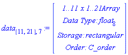 data[[11, 21], 7] := Vector(4, {(1) = ` 1..11 x 1..21 `*Array, (2) = `Data Type: `*float[8], (3) = `Storage: `*rectangular, (4) = `Order: `*C_order})