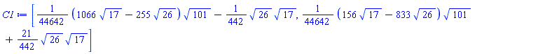 [(1/44642)*(1066*17^(1/2)-255*26^(1/2))*101^(1/2)-(1/442)*26^(1/2)*17^(1/2), (1/44642)*(156*17^(1/2)-833*26^(1/2))*101^(1/2)+(21/442)*26^(1/2)*17^(1/2)]