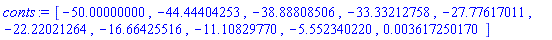 [-50.00000000, -44.44404253, -38.88808506, -33.33212758, -27.77617011, -22.22021264, -16.66425516, -11.10829770, -5.552340220, 0.3617250170e-2]