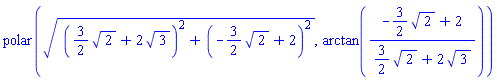 polar((((3/2)*2^(1/2)+2*3^(1/2))^2+(-(3/2)*2^(1/2)+2)^2)^(1/2), arctan((-(3/2)*2^(1/2)+2)/((3/2)*2^(1/2)+2*3^(1/2))))