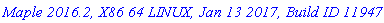 `Maple 2016.2, X86 64 LINUX, Jan 13 2017, Build ID 1194701`