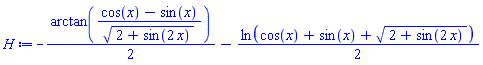 -(1/2)*arctan((cos(x)-sin(x))/(2+sin(2*x))^(1/2))-(1/2)*ln(cos(x)+sin(x)+(2+sin(2*x))^(1/2))