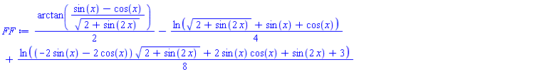 (1/2)*arctan((sin(x)-cos(x))/(2+sin(2*x))^(1/2))-(1/4)*ln((2+sin(2*x))^(1/2)+sin(x)+cos(x))+(1/8)*ln((-2*sin(x)-2*cos(x))*(2+sin(2*x))^(1/2)+2*sin(x)*cos(x)+sin(2*x)+3)