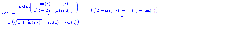 (1/2)*arctan((sin(x)-cos(x))/(2+2*sin(x)*cos(x))^(1/2))-(1/4)*ln((2+sin(2*x))^(1/2)+sin(x)+cos(x))+(1/4)*ln((2+sin(2*x))^(1/2)-sin(x)-cos(x))