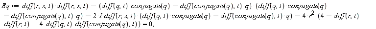 Eq := Physics:-`*`(diff(r, x, t), diff(r, x, t))-Physics:-`*`(Physics:-`*`(diff(q, t), conjugate(q))-Physics:-`*`(diff(conjugate(q), t), q), Physics:-`*`(diff(q, t), conjugate(q))-Physics:-`*`(diff(conjugate(q), t), q))-Physics:-`*`(Physics:-`*`(Physics:-`*`(2, I), diff(r, x, t)), Physics:-`*`(diff(q, t), conjugate(q))-Physics:-`*`(diff(conjugate(q), t), q))-Physics:-`*`(Physics:-`*`(4, r^2), 4-Physics:-`*`(diff(r, t), diff(r, t))-Physics:-`*`(Physics:-`*`(4, diff(q, t)), diff(conjugate(q), t))) = 0;