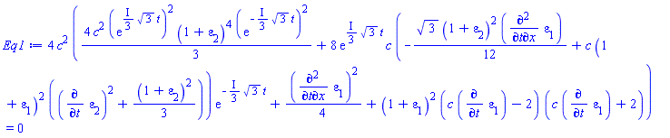 4*c^2*((4/3)*c^2*(exp(((1/3)*I)*3^(1/2)*t))^2*(1+epsilon[2])^4*(exp(-((1/3)*I)*3^(1/2)*t))^2+8*exp(((1/3)*I)*3^(1/2)*t)*c*(-(1/12)*3^(1/2)*(1+epsilon[2])^2*(diff(diff(epsilon[1], t), x))+c*(1+epsilon[1])^2*((diff(epsilon[2], t))^2+(1/3)*(1+epsilon[2])^2))*exp(-((1/3)*I)*3^(1/2)*t)+(1/4)*(diff(diff(epsilon[1], t), x))^2+(1+epsilon[1])^2*(c*(diff(epsilon[1], t))-2)*(c*(diff(epsilon[1], t))+2)) = 0
