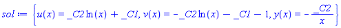 {u(x) = _C2*ln(x)+_C1, v(x) = -_C2*ln(x)-_C1-1, y(x) = -_C2/x}