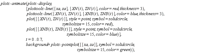 plots:-animate(plots:-display, [plottools:-line([xa, za], [XN(t), ZN(t)], color = red, thickness = 3), plottools:-line([XN(t), ZN(t)], [XNB(t), ZNB(t)], color = blue, thickness = 3), plot([[XN(t), ZN(t)]], style = point, symbol = solidcircle, symbolsize = 15, color = red), plot([[XNB(t), ZNB(t)]], style = point, symbol = solidcircle, symbolsize = 15, color = blue)], t = 0 .. .7, background = plots:-pointplot([[xa, za]], symbol = solidcircle, symbolsize = 15, color = green))