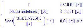 piecewise(t < 0.1e-1*Units:-Unit(s), 0, t = 0.1e-1*Units:-Unit(s), Float(undefined)*Units:-Unit(A), 0.1e-1*Units:-Unit(s) < t, 3*Units:-Unit(A)*cos(314.1592654*t/Units:-Unit(s)))