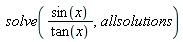solve(sin(x)/tan(x), allsolutions)