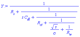 1/(R__s+1/(s*C__dl+1/(R__ct+1/(s^(1/2)/sigma+1/R__w))))