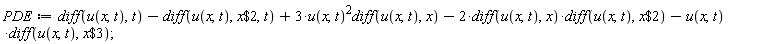 PDE := diff(u(x, t), t)-(diff(u(x, t), `$`(x, 2), t))+3*u(x, t)^2*(diff(u(x, t), x))-2*(diff(u(x, t), x))*(diff(u(x, t), `$`(x, 2)))-u(x, t)*(diff(u(x, t), `$`(x, 3)));
