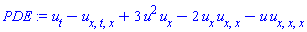 diff(u(x, t), t)-(diff(diff(diff(u(x, t), t), x), x))+3*u(x, t)^2*(diff(u(x, t), x))-2*(diff(u(x, t), x))*(diff(diff(u(x, t), x), x))-u(x, t)*(diff(diff(diff(u(x, t), x), x), x))