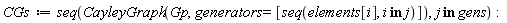 CGs := seq(CayleyGraph(Gp, generators = [seq(elements[i], `in`(i, j))]), `in`(j, gens))