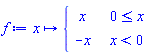 f := proc (x) options operator, arrow; piecewise(0 <= x, x, x < 0, -x) end proc