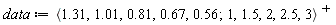 data := LinearAlgebra:-Transpose(`<,>`(`<|>`(1.31, 1.01, .81, .67, .56), `<|>`(1, 1.5, 2, 2.5, 3)))