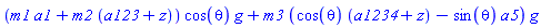 (m1*a1+m2*(a123+z))*cos(theta)*g+m3*(cos(theta)*(a1234+z)-sin(theta)*a5)*g