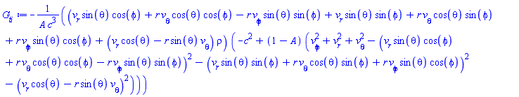 -(v[r]*sin(theta)*cos(phi)+r*v[theta]*cos(theta)*cos(phi)-r*v[phi]*sin(theta)*sin(phi)+v[r]*sin(theta)*sin(phi)+r*v[theta]*cos(theta)*sin(phi)+r*v[phi]*sin(theta)*cos(phi)+(v[r]*cos(theta)-r*sin(theta)*v[theta])*rho)*(-c^2+(1-A)*(v[phi]^2+v[r]^2+v[theta]^2-(v[r]*sin(theta)*cos(phi)+r*v[theta]*cos(theta)*cos(phi)-r*v[phi]*sin(theta)*sin(phi))^2-(v[r]*sin(theta)*sin(phi)+r*v[theta]*cos(theta)*sin(phi)+r*v[phi]*sin(theta)*cos(phi))^2-(v[r]*cos(theta)-r*sin(theta)*v[theta])^2))/(A*c^3)
