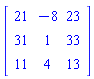Matrix(3, 3, {(1, 1) = 21, (1, 2) = -8, (1, 3) = 23, (2, 1) = 31, (2, 2) = 1, (2, 3) = 33, (3, 1) = 11, (3, 2) = 4, (3, 3) = 13})