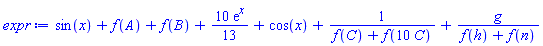 sin(x)+f(A)+f(B)+(10/13)*exp(x)+cos(x)+1/(f(C)+f(10*C))+g/(f(h)+f(n))
