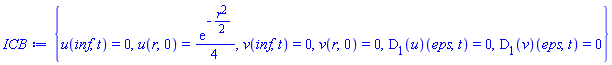 {u(inf, t) = 0, u(r, 0) = (1/4)*exp(-(1/2)*r^2), v(inf, t) = 0, v(r, 0) = 0, (D[1](u))(eps, t) = 0, (D[1](v))(eps, t) = 0}