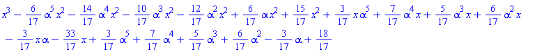 x^3-(6/17)*alpha^5*x^2-(14/17)*alpha^4*x^2-(10/17)*alpha^3*x^2-(12/17)*alpha^2*x^2+(6/17)*alpha*x^2+(15/17)*x^2+(3/17)*x*alpha^5+(7/17)*alpha^4*x+(5/17)*alpha^3*x+(6/17)*alpha^2*x-(3/17)*x*alpha-(33/17)*x+(3/17)*alpha^5+(7/17)*alpha^4+(5/17)*alpha^3+(6/17)*alpha^2-(3/17)*alpha+18/17
