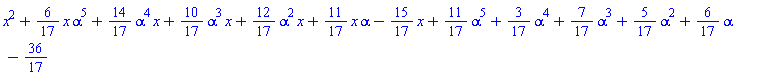 x^2+(6/17)*x*alpha^5+(14/17)*alpha^4*x+(10/17)*alpha^3*x+(12/17)*alpha^2*x+(11/17)*x*alpha-(15/17)*x+(11/17)*alpha^5+(3/17)*alpha^4+(7/17)*alpha^3+(5/17)*alpha^2+(6/17)*alpha-36/17