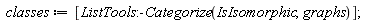 classes := [ListTools:-Categorize(IsIsomorphic, graphs)]