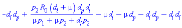 -d[l]*d[p]+p[2]*R[0]*(d[l]+mu)*d[p]*d[i]/(mu*p[1]+mu*p[2]+d[l]*p[2])-mu*d[i]-mu*d[p]-d[i]*d[p]-d[i]*d[l]
