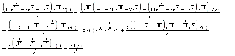 (10*exp(3/10)-7*exp(1/5)-3*exp(2/5))*exp(1/10)*U(z)/z+(exp(1/10)*(-3+10*exp(1/10)-7*exp(1/5))-(10*exp(3/10)-7*exp(1/5)-3*exp(2/5))*exp(1/10))*U(z)/z^2-(-3+10*exp(1/10)-7*exp(1/5))*exp(1/10)*U(z)/z^3 = 8*Y(z)*exp(1/10)*exp(3/10)*exp(1/5)+(8*((-exp(1/5)-exp(3/10))*exp(1/10)-exp(3/10)*exp(1/5)))*Y(z)/z+(8*(exp(1/10)+exp(1/5)+exp(3/10)))*Y(z)/z^2-8*Y(z)/z^3