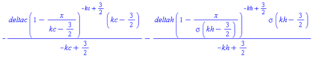 -deltac*(1-x/(kc-3/2))^(-kc+3/2)*(kc-3/2)/(-kc+3/2)-deltah*(1-x/(sigma*(kh-3/2)))^(-kh+3/2)*sigma*(kh-3/2)/(-kh+3/2)