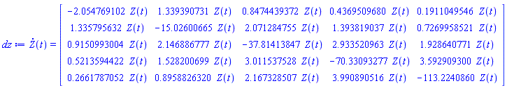 diff(Z(t), t) = (Matrix(5, 5, {(1, 1) = -2.054769102*Z(t), (1, 2) = 1.339390731*Z(t), (1, 3) = .8474439372*Z(t), (1, 4) = .4369509680*Z(t), (1, 5) = .1911049546*Z(t), (2, 1) = 1.335795632*Z(t), (2, 2) = -15.02600665*Z(t), (2, 3) = 2.071284755*Z(t), (2, 4) = 1.393819037*Z(t), (2, 5) = .7269958521*Z(t), (3, 1) = .9150993004*Z(t), (3, 2) = 2.146886777*Z(t), (3, 3) = -37.81413847*Z(t), (3, 4) = 2.933520963*Z(t), (3, 5) = 1.928640771*Z(t), (4, 1) = .5213594422*Z(t), (4, 2) = 1.528200699*Z(t), (4, 3) = 3.011537528*Z(t), (4, 4) = -70.33093277*Z(t), (4, 5) = 3.592909300*Z(t), (5, 1) = .2661787052*Z(t), (5, 2) = .8958826320*Z(t), (5, 3) = 2.167328507*Z(t), (5, 4) = 3.990890516*Z(t), (5, 5) = -113.2240860*Z(t)}))