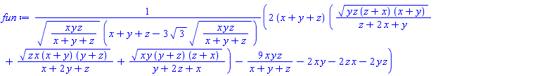 (2*(x+y+z)*((y*z*(z+x)*(x+y))^(1/2)/(z+2*x+y)+(z*x*(x+y)*(y+z))^(1/2)/(x+2*y+z)+(x*y*(y+z)*(z+x))^(1/2)/(y+2*z+x))-9*x*y*z/(x+y+z)-2*x*y-2*z*x-2*y*z)/((x*y*z/(x+y+z))^(1/2)*(x+y+z-3*3^(1/2)*(x*y*z/(x+y+z))^(1/2)))