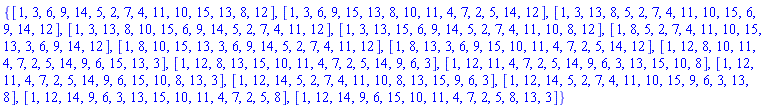 {[1, 3, 6, 9, 14, 5, 2, 7, 4, 11, 10, 15, 13, 8, 12], [1, 3, 6, 9, 15, 13, 8, 10, 11, 4, 7, 2, 5, 14, 12], [1, 3, 13, 8, 5, 2, 7, 4, 11, 10, 15, 6, 9, 14, 12], [1, 3, 13, 8, 10, 15, 6, 9, 14, 5, 2, 7, 4, 11, 12], [1, 3, 13, 15, 6, 9, 14, 5, 2, 7, 4, 11, 10, 8, 12], [1, 8, 5, 2, 7, 4, 11, 10, 15, 13, 3, 6, 9, 14, 12], [1, 8, 10, 15, 13, 3, 6, 9, 14, 5, 2, 7, 4, 11, 12], [1, 8, 13, 3, 6, 9, 15, 10, 11, 4, 7, 2, 5, 14, 12], [1, 12, 8, 10, 11, 4, 7, 2, 5, 14, 9, 6, 15, 13, 3], [1, 12, 8, 13, 15, 10, 11, 4, 7, 2, 5, 14, 9, 6, 3], [1, 12, 11, 4, 7, 2, 5, 14, 9, 6, 3, 13, 15, 10, 8], [1, 12, 11, 4, 7, 2, 5, 14, 9, 6, 15, 10, 8, 13, 3], [1, 12, 14, 5, 2, 7, 4, 11, 10, 8, 13, 15, 9, 6, 3], [1, 12, 14, 5, 2, 7, 4, 11, 10, 15, 9, 6, 3, 13, 8], [1, 12, 14, 9, 6, 3, 13, 15, 10, 11, 4, 7, 2, 5, 8], [1, 12, 14, 9, 6, 15, 10, 11, 4, 7, 2, 5, 8, 13, 3]}