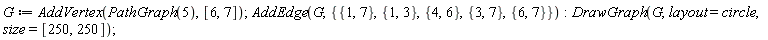 G := AddVertex(PathGraph(5), [6, 7]); AddEdge(G, {{1, 3}, {1, 7}, {3, 7}, {4, 6}, {6, 7}}); DrawGraph(G, layout = circle, size = [250, 250])