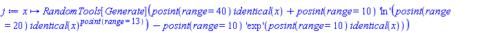 proc (x) options operator, arrow; RandomTools[Generate](posint(range = 40)*identical(x)+posint(range = 10)*('ln')(posint(range = 20)*identical(x)^posint(range = 13))-posint(range = 10)*('exp')(posint(range = 10)*identical(x))) end proc