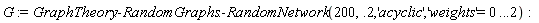 G := GraphTheory:-RandomGraphs:-RandomNetwork(200, .2, 'acyclic', 'weights' = 0 .. .2)