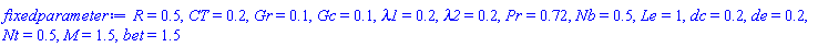 R = .5, CT = .2, Gr = .1, Gc = .1, lambda1 = .2, lambda2 = .2, Pr = .72, Nb = .5, Le = 1, dc = .2, de = .2, Nt = .5, M = 1.5, bet = 1.5