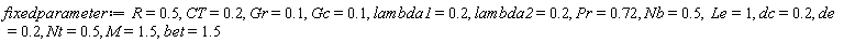 fixedparameter := R = .5, CT = .2, Gr = .1, Gc = .1, lambda1 = .2, lambda2 = .2, Pr = .72, Nb = .5, Le = 1, dc = .2, de = .2, Nt = .5, M = 1.5, bet = 1.5