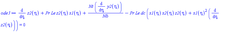 diff(z2(eta), eta)+Pr*Le*z2(eta)*x1(eta)+Nt*(diff(y2(eta), eta))/Nb-Pr*Le*dc*(x1(eta)*x2(eta)*z2(eta)+x1(eta)^2*(diff(z2(eta), eta))) = 0